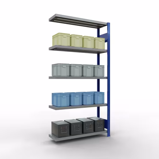 Abbildung Nr 8 des Artikels Anbauregal, Fachbodenregal Stecksystem MULTIplus330, 2000 x 1000 x 300 mm (HxBxT), 5 Fachböden, Längenriegel, RAL 5010 enzianblau/verzinkt aus der Produktgruppe Stecksystem von der Marke Schulte Lagertechnik