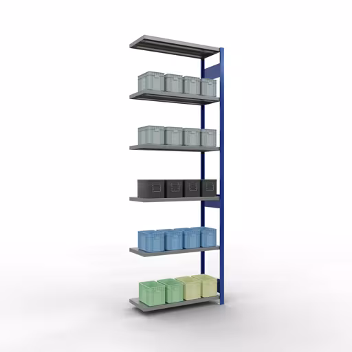 Anbauregal, Fachbodenregal Stecksystem MULTIplus250, 3000 x 1000 x 400 mm (HxBxT), 7 Fachböden, Längenriegel, RAL 5010 enzianblau/verzinkt von Schulte Lagertechnik mit der Artikelnr. 12947-LR-B