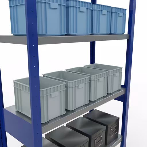 Produktbild Nr 13 des Artikels Grundregal, Fachbodenregal Stecksystem MULTIplus330, 2500 x 1000 x 400 mm (HxBxT), 6 Fachböden, Längenriegel, RAL 5010 enzianblau/verzinkt Abbildung Nr 13 des Artikels Grundregal, Fachbodenregal Stecksystem MULTIplus330, 2500 x 1000 x 400 mm (HxBxT), 6 Fachböden, Längenriegel, RAL 5010 enzianblau/verzinkt aus der Produktgruppe Stecksystem von der Marke Schulte Lagertechnik