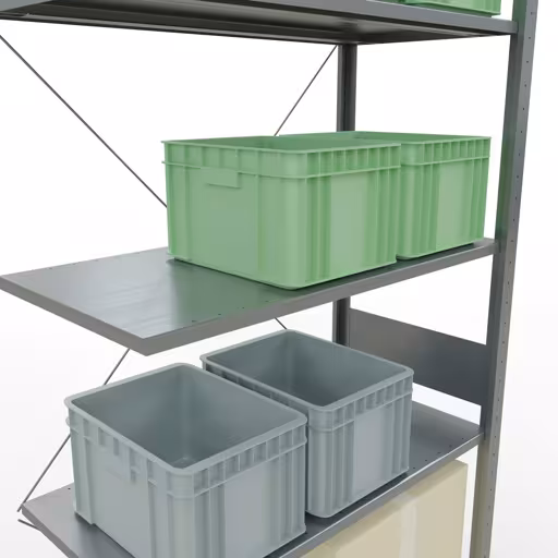 Produktbild Nr 15 des Artikels Anbauregal, Fachbodenregal Stecksystem MULTIplus150, 3000 x 1000 x 500 mm (HxBxT), 7 Fachböden, Kreuzstrebe, verzinkt Abbildung Nr 15 des Artikels Anbauregal, Fachbodenregal Stecksystem MULTIplus150, 3000 x 1000 x 500 mm (HxBxT), 7 Fachböden, Kreuzstrebe, verzinkt aus der Produktgruppe Stecksystem von der Marke Schulte Lagertechnik