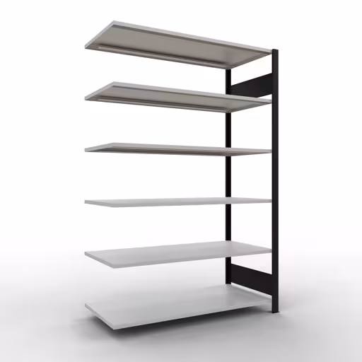Anbauregal, Büro-Fachbodenregal Stecksystem MULTIplus150, 2000 x 1300 x 600 mm (HxBxT), 6 Fachböden, Längenriegel, ohne Mittelanschlag, schwarz/lichtgrau aus der Kategorie Stecksystem mit der Artikelnummer 36065-S