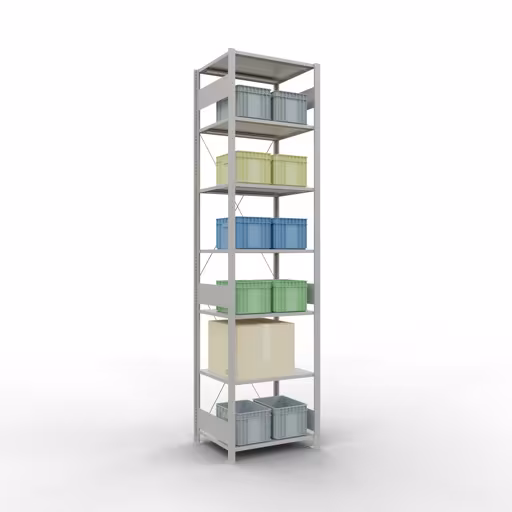 Zusatzbild des Artikels Grundregal, Fachbodenregal Stecksystem MULTIplus150, 3000 x 750 x 600 mm (HxBxT), 7 Fachböden, Kreuzstrebe, RAL 7035 lichtgrau Zusatzbild des Artikels Grundregal, Fachbodenregal Stecksystem MULTIplus150, 3000 x 750 x 600 mm (HxBxT), 7 Fachböden, Kreuzstrebe, RAL 7035 lichtgrau aus Grundregal