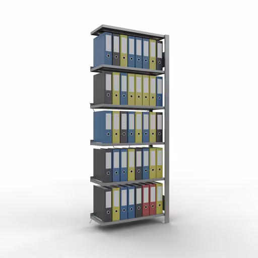 Anbauregal, Büro-Fachbodenregal Stecksystem MULTIplus85, 2000 x 750 x 300 mm (HxBxT), 6 Fachböden, Kreuzstrebe, verzinkt, mit Anschlagleiste von Schulte Lagertechnik mit der Artikelnr. 17709