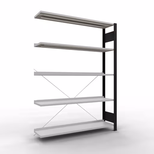 Anbauregal, Büro-Fachbodenregal Stecksystem MULTIplus85, 1800 x 1300 x 300 mm (HxBxT), 5 Fachböden, Kreuzstrebe, mit Anschlagleiste, schwarz/lichtgrau aus der Kategorie Stecksystem mit der Artikelnummer 36005-S