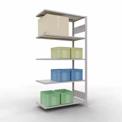 Andere Ansicht des Artikels Anbauregal, Fachbodenregal Stecksystem MULTIplus150, 2000 x 1000 x 500 mm (HxBxT), 5 Fachböden, Längenriegel, RAL 7035 lichtgrau aus der Kategorie Anbauregal