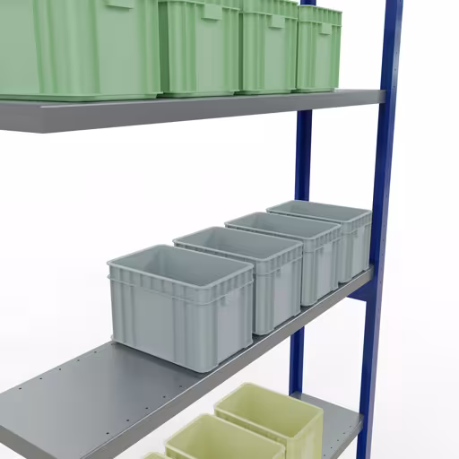 Zusatzbild des Artikels Anbauregal, Fachbodenregal Stecksystem MULTIplus250, 3000 x 1300 x 300 mm (HxBxT), 7 Fachböden, Längenriegel, RAL 5010 enzianblau/verzinkt aus Anbauregal