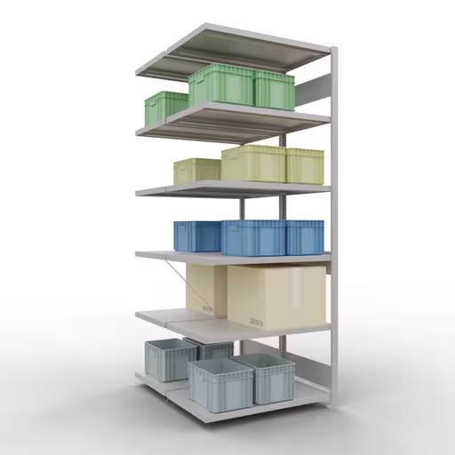 Anbauregal, Doppelregal, Fachbodenregal Stecksystem MULTIplus250, 2500 x 1000 x (2x600) mm (HxBxT), 2x6 Fachböden, Kreuzstrebe, RAL 7035 lichtgrau mit der Artikelnr. 32166-A Anbauregal, Doppelregal, Fachbodenregal Stecksystem MULTIplus250, 2500 x 1000 x (2x600) mm (HxBxT), 2x6 Fachböden, Kreuzstrebe, RAL 7035 lichtgrau von Schulte Lagertechnik aus der Kategorie Fachbodenregale