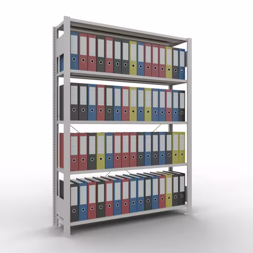 Grundregal, Büro-Fachbodenregal Stecksystem MULTIplus85, 1800 x 1300 x 300 mm (HxBxT), 5 Fachböden, Kreuzstrebe, ohne Anschlagleiste, lichtgrau aus der Kategorie Stecksystem mit der GTIN 4004514276490 Grundregal, Büro-Fachbodenregal Stecksystem MULTIplus85, 1800 x 1300 x 300 mm (HxBxT), 5 Fachböden, Kreuzstrebe, ohne Anschlagleiste, lichtgrau von der Marke Schulte Lagertechnik aus der Produktreihe Büroregale