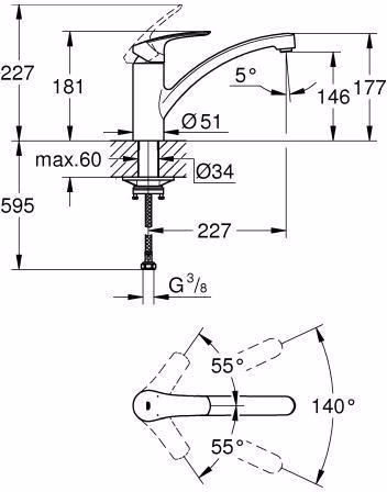Technische Zeichnung 4006386 GROHE Einhand-Spültischbatterie Eurosmart 33281 flacher Auslauf chrom