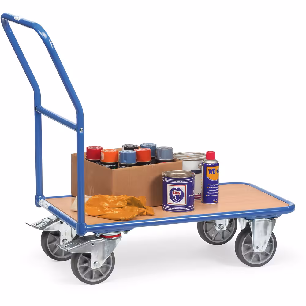 Magazinwagen 400 kg brillantblau RAL 5007, Plattform Holzwerkstoffplatte, Oberfläche Buchendekor Ausführung Ladeflächenbreite: 500 mm mit der GTIN 4017976021003 Magazinwagen 2100 Breite 500 mm, Länge 850 mm von Fetra mit der Artikelnr. 2100