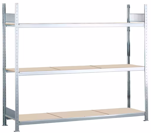 Grundregal, Weitspannregal WS 2000 mit Spanplatten, 2000 x 2500 x 400 mm (HxBxT), verzinkt, 3 Ebenen, Fachlast 400 kg, Feldlast 1.200 kg von der Marke Schulte Lagertechnik Grundregal, Weitspannregal WS 2000 mit Spanplatten, 2000 x 2500 x 400 mm (HxBxT), verzinkt, 3 Ebenen, Fachlast 400 kg, Feldlast 1.200 kg aus der Kategorie WS2000 für Fachlasten bis 400kg mit der Artikelnummer 15570