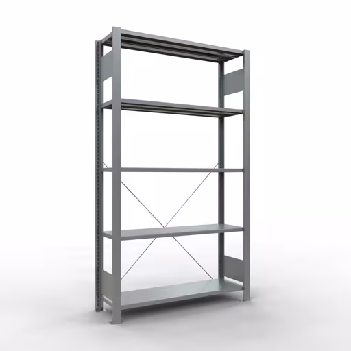 Grundregal, Büro-Fachbodenregal Stecksystem MULTIplus85, 1800 x 1000 x 300 mm (HxBxT), 5 Fachböden, Kreuzstrebe, verzinkt, ohne Anschlagleiste aus der Kategorie Stecksystem mit der Artikelnummer 17719