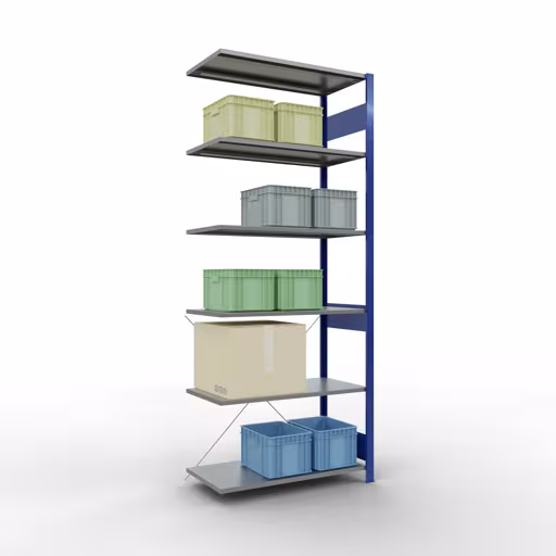 Andere Ansicht des Artikels Anbauregal, Fachbodenregal Stecksystem MULTIplus150, 2500 x 1000 x 500 mm (HxBxT), 6 Fachböden, Kreuzstrebe, RAL 5010/verzinkt aus der Kategorie Stecksystem