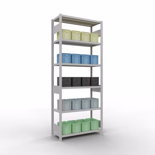 Produktbild Nr 12 des Artikels Grundregal, Fachbodenregal Stecksystem MULTIplus330, 2500 x 1000 x 400 mm (HxBxT), 6 Fachböden, Längenriegel, RAL 7035 lichtgrau Abbildung Nr 12 des Artikels Grundregal, Fachbodenregal Stecksystem MULTIplus330, 2500 x 1000 x 400 mm (HxBxT), 6 Fachböden, Längenriegel, RAL 7035 lichtgrau aus der Produktgruppe Stecksystem von der Marke Schulte Lagertechnik