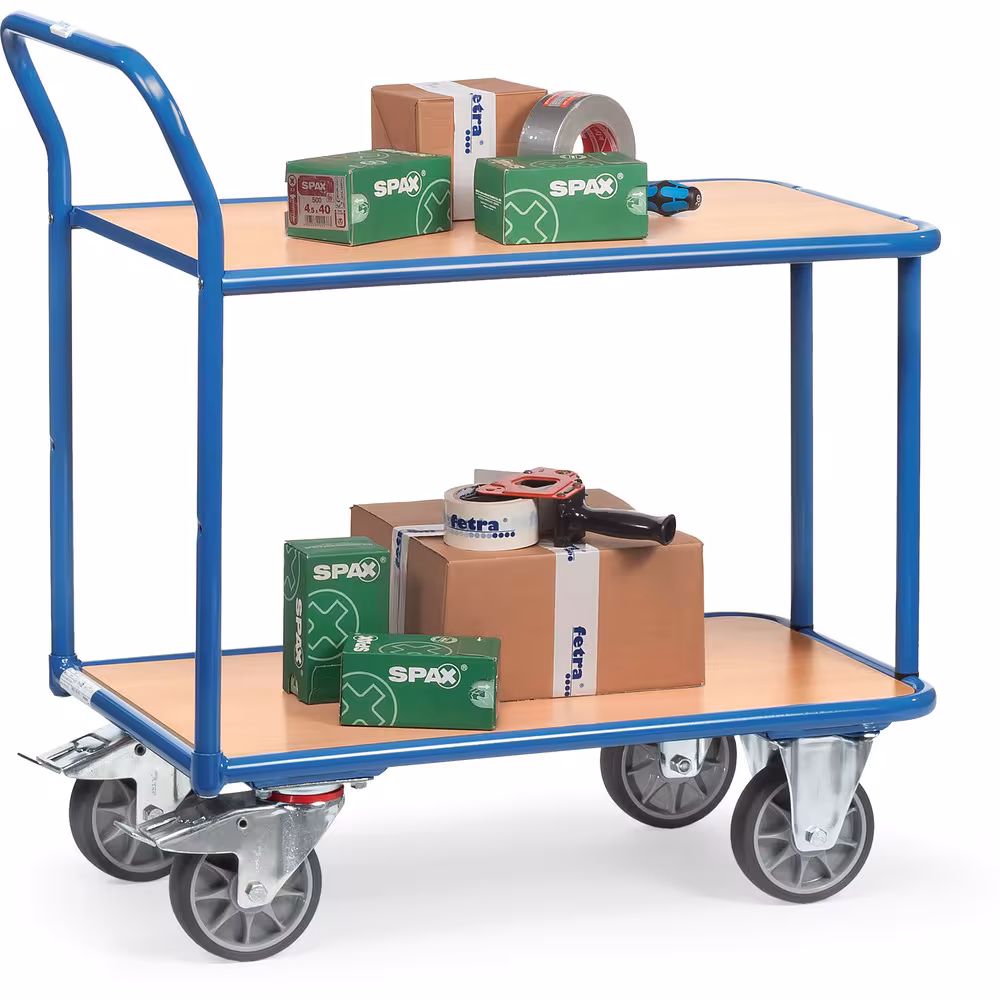 Tischwagen 400 kg 2 Etagen aus Profilstahl-/Stahlrohr-Schweißkonstruktion, pulverbeschichtet, brillantblau RAL 5007, 2 Böden aus Holzwerkstoffplatte Ausführung Ladeflächenbreite: 500 mm mit der GTIN 4017976026008 Tischwagen 2600 Breite 500 mm, Länge 850 mm von Fetra mit der Artikelnr. 2600