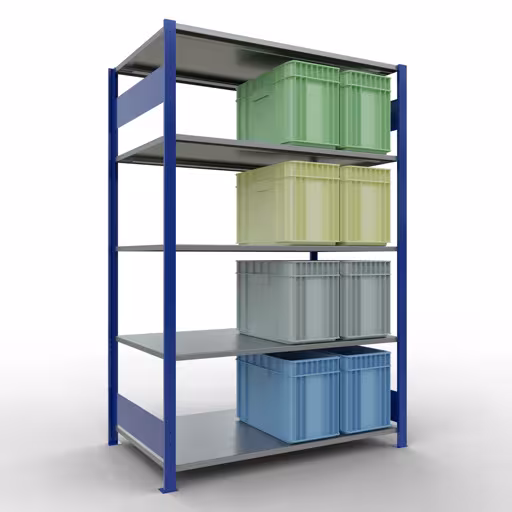 Zusatzbild des Artikels Grundregal, Fachbodenregal Stecksystem MULTIplus150, 2000 x 1300 x 800 mm (HxBxT), 5 Fachböden, Längenriegel, RAL 5010 enzianblau/verzinkt Zusatzbild des Artikels Grundregal, Fachbodenregal Stecksystem MULTIplus150, 2000 x 1300 x 800 mm (HxBxT), 5 Fachböden, Längenriegel, RAL 5010 enzianblau/verzinkt aus Grundregal