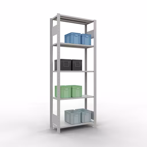Zusatzbild des Artikels Grundregal, Fachbodenregal Stecksystem MULTIplus150, 2000 x 750 x 300 mm (HxBxT), 5 Fachböden, Längenriegel, RAL 7035 lichtgrau aus Grundregal