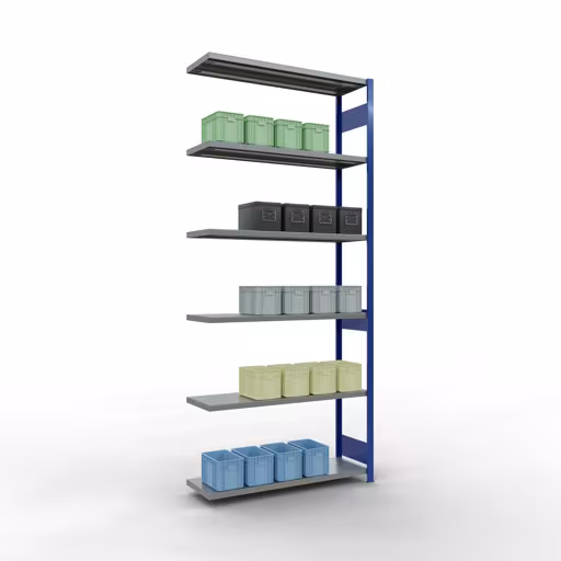 Anbauregal, Fachbodenregal Stecksystem MULTIplus250, 3000 x 1300 x 400 mm (HxBxT), 7 Fachböden, Längenriegel, RAL 5010 enzianblau/verzinkt von der Marke Schulte Lagertechnik aus der Produktreihe Stecksystem