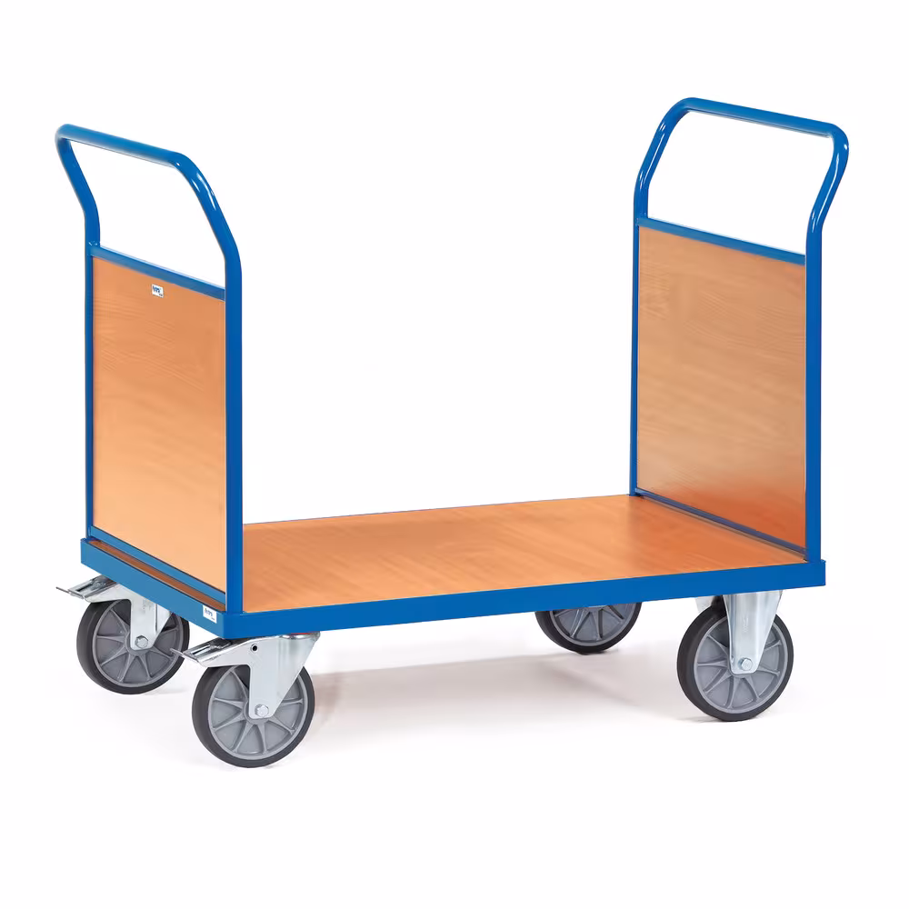 Doppel-Stirnwandwagen Holz pulverbeschichtet RAL 5007, Plattform Holzwerkstoffplatte, Oberfläche Buchendekor aus der Kategorie Wagen
