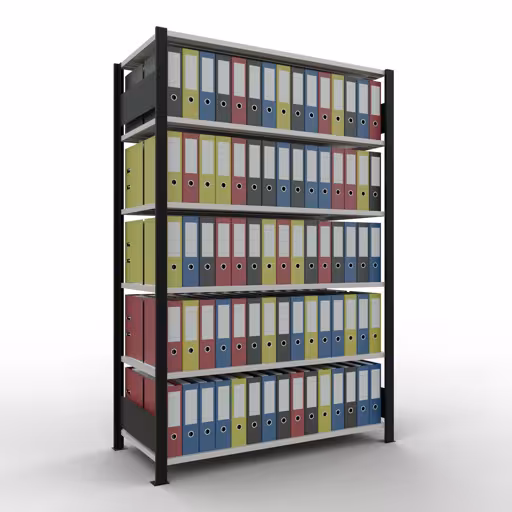 Abbildung Nr 11 des Artikels Grundregal, Büro-Fachbodenregal Stecksystem MULTIplus150, 2000 x 1300 x 600 mm (HxBxT), 6 Fachböden, Längenriegel, ohne Mittelanschlag, schwarz/lichtgrau aus der Produktgruppe Büroregale von der Marke Schulte Lagertechnik