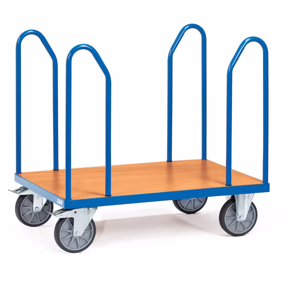 Seitenbügelwagen aus Stahlrohr und Profilstahl geschweißt, pulverbeschichtet brillantblau RAL 5007, Plattform Holzwerkstoffplatte, Oberfläche Buchendekor aus der Kategorie Wagen