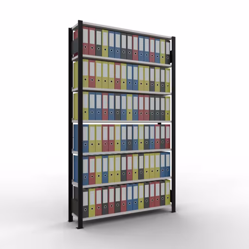 Abbildung Nr 12 des Artikels Grundregal, Büro-Fachbodenregal Stecksystem MULTIplus85, 2300 x 1300 x 300 mm (HxBxT), 7 Fachböden, Kreuzstrebe, mit Anschlagleiste, schwarz/lichtgrau aus der Produktgruppe Büroregale von der Marke Schulte Lagertechnik