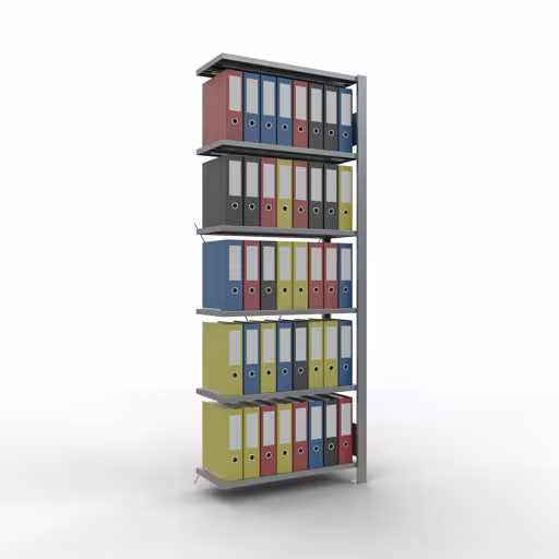 Anbauregal, Büro-Fachbodenregal Stecksystem MULTIplus85, 2000 x 750 x 300 mm (HxBxT), 6 Fachböden, Kreuzstrebe, verzinkt, ohne Anschlagleiste von Schulte Lagertechnik mit der Artikelnr. 17727