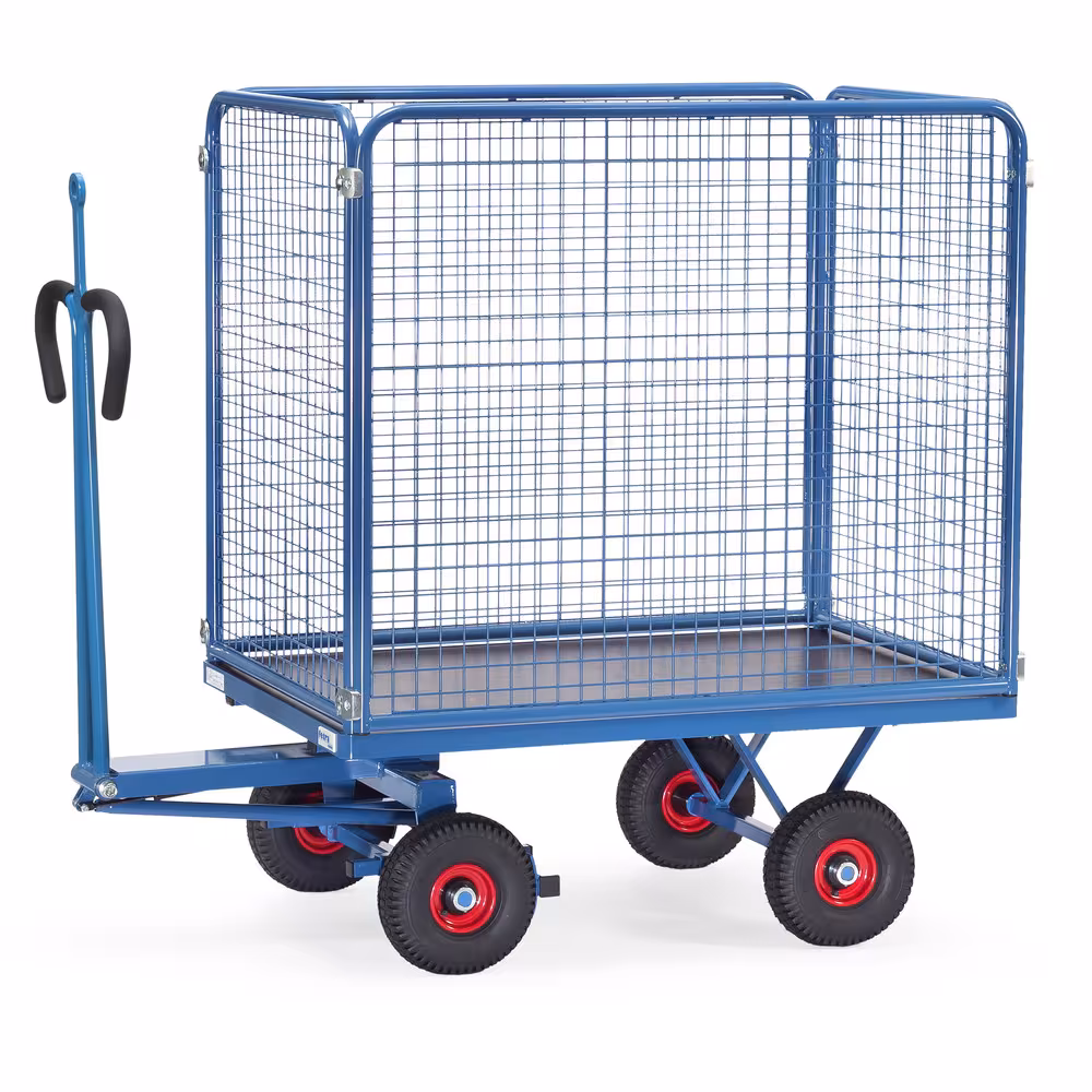 Handpritschenwagen 6443LZ mit Zugöse Bereifung Luft, Breite 800 mm, Länge 1200 mm aus der Kategorie Handwagen/Pritschenwagen mit der GTIN 4017976443034 Handpritschenwagen Drahtgitter 1000 mm mit Zugöse Baukasten-System Aus Profilstahl geschweißt, pulverbeschichtet RAL 5007, 4 Eckhülsen von der Marke Fetra aus der Kategorie Handwagen/Pritschenwagen