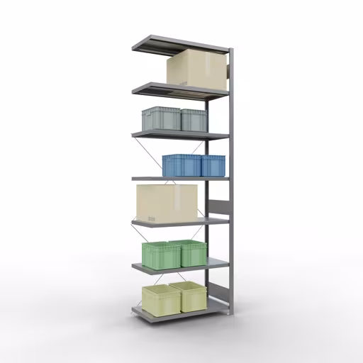 Anbauregal, Fachbodenregal Stecksystem MULTIplus250, 3000 x 1000 x 500 mm (HxBxT), 7 Fachböden, Kreuzstrebe, verzinkt aus der Kategorie Anbauregal mit der GTIN 4004514203052 Anbauregal, Fachbodenregal Stecksystem MULTIplus250, 3000 x 1000 x 500 mm (HxBxT), 7 Fachböden, Kreuzstrebe, verzinkt von der Marke Schulte Lagertechnik aus der Produktreihe Stecksystem