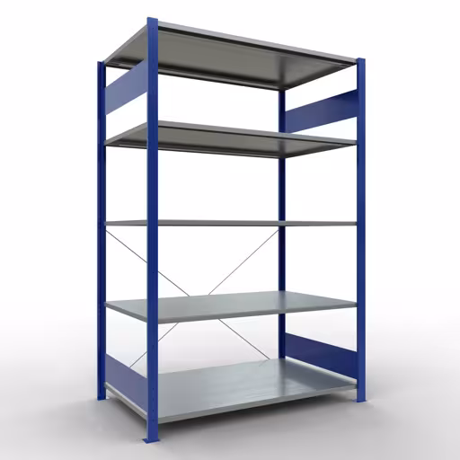 Grundregal, Fachbodenregal Stecksystem MULTIplus150, 2000 x 1300 x 800 mm (HxBxT), 5 Fachböden, Kreuzstrebe, RAL 5010 enzianblau/verzinkt von der Marke Schulte Lagertechnik Grundregal, Fachbodenregal Stecksystem MULTIplus150, 2000 x 1300 x 800 mm (HxBxT), 5 Fachböden, Kreuzstrebe, RAL 5010 enzianblau/verzinkt aus der Kategorie Grundregal mit der Artikelnummer 12780-130-B