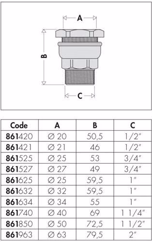 Technische Zeichnung 4015955 Anschlussverschraubung 861 Messing 20 x 1/2 Zoll AG Messing CALEFFI