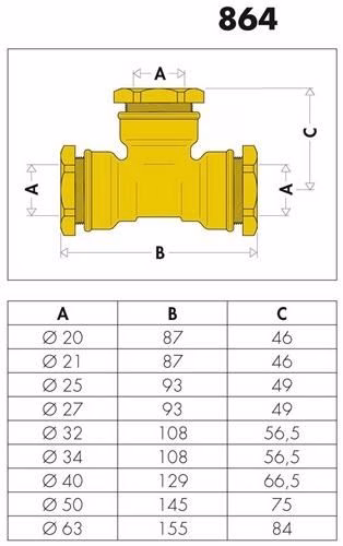 Technische Zeichnung 3980780 T-Stück 864 Messing 20 mm Messing CALEFFI