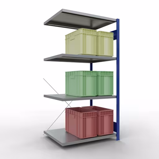 Abbildung Nr 10 des Artikels Anbauregal, Fachbodenregal Stecksystem MULTIplus330, 2000 x 1000 x 800 mm (HxBxT), 5 Fachböden, Kreuzstrebe, RAL 5010 enzianblau/verzinkt aus der Produktgruppe Stecksystem von der Marke Schulte Lagertechnik