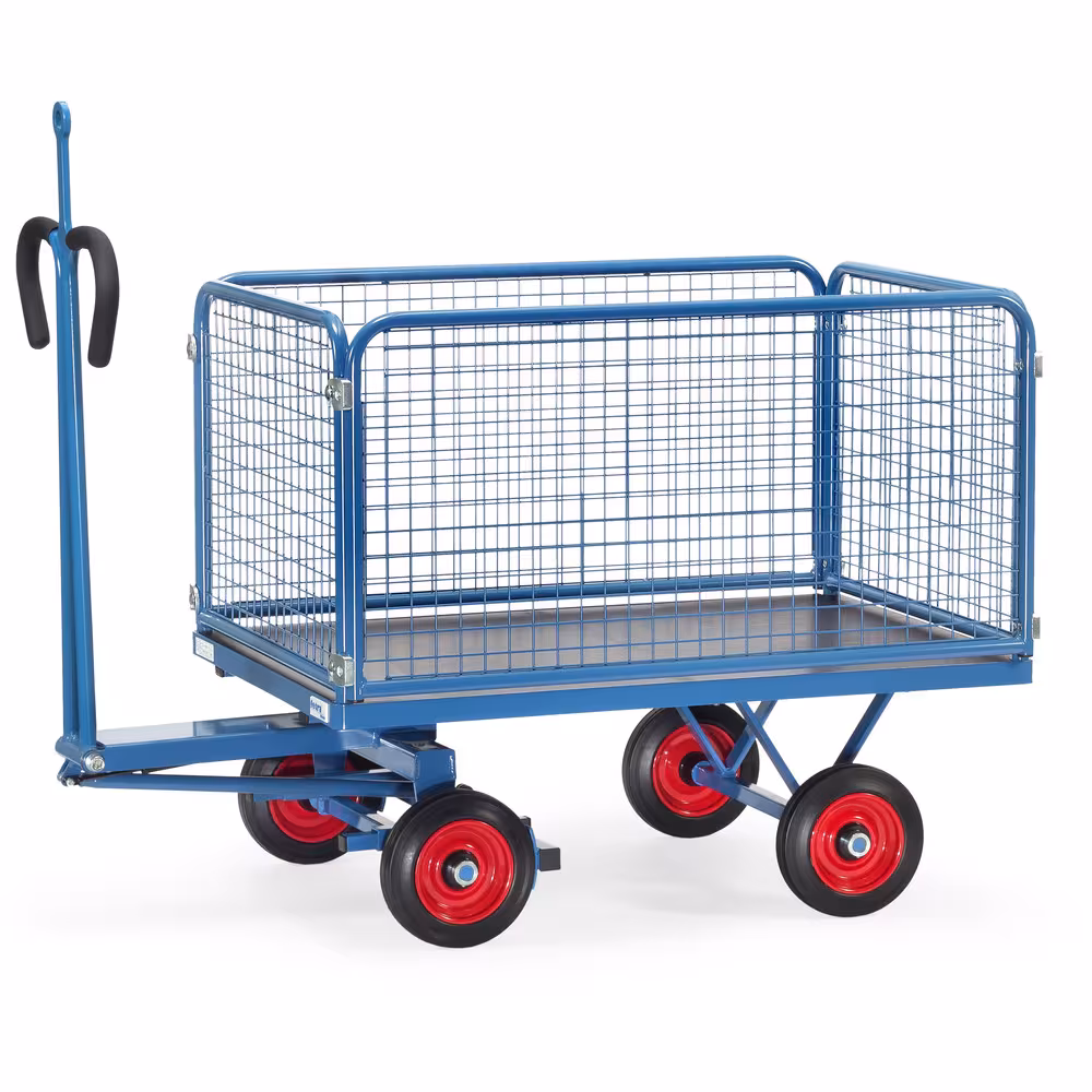 Handpritschenwagen 6433VZ mit Zugöse Bereifung Vollgummi, Breite 800 mm, Länge 1200 mm von der Marke Fetra Handpritschenwagen Drahtgitter 600 mm mit Zugöse , 4 Eckhülsen, Drehschemel-Lenkung mit Kugelkranz, Scherendeichsel mit Sicherheits-Handgriff Typ Ladeflächenbreite: 800 mm aus der Kategorie Handwagen/Pritschenwagen mit der Artikelnr. 6433VZ