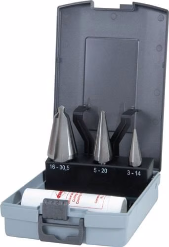 Blechschälbohrersatz 3-14 / 5-20 / 16-30,5 mm High Speed Steel 4-teilig ABS-Kunststoffkassette RUKO von der Marke Ruko Blechschälbohrer-Satz 3-14 / 5-20 / 16-30,5 mm 4-teilig ABS-Kunststoffkassette RUKO