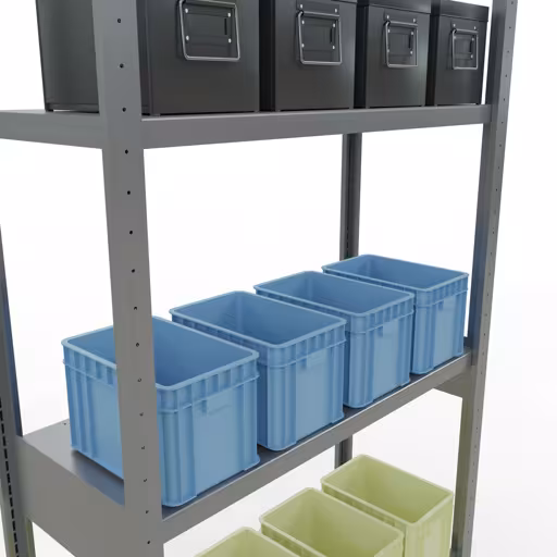 Zusatzbild des Artikels Grundregal, Fachbodenregal Stecksystem MULTIplus250, 3000 x 1000 x 400 mm (HxBxT), 7 Fachböden, Längenriegel, verzinkt aus Grundregal