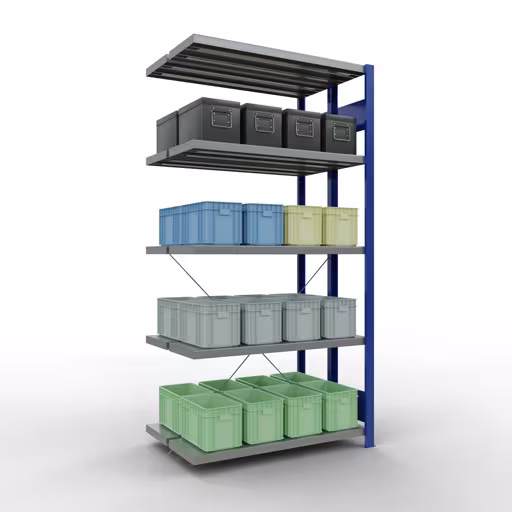 Anbauregal, Doppelregal, Fachbodenregal Stecksystem MULTIplus250, 2000 x 1000 x (2x300) mm (HxBxT), 2x5 Fachböden, Kreuzstrebe, RAL 5010 enzianblau von der Marke Schulte Lagertechnik aus der Produktreihe Fachbodenregale