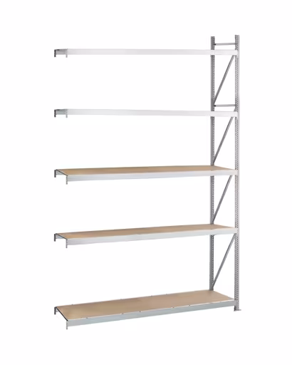 Anbauregal, Weitspannregal WS 3000 mit Spanplatten, 3000 x 2500 x 800 mm, verzinkt, 5 Ebenen, Fachlast 500 kg, Feldlast 2.500 kg aus der Kategorie WS3000 für Fachlasten bis 500kg mit der Artikelnummer 22127