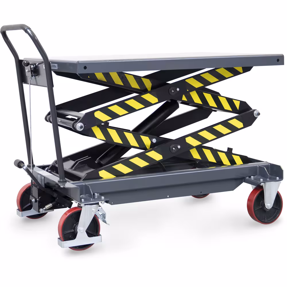 Hubtischwagen 6838 aus Profilstahl-/Stahlblech-Konstruktion, pulverbeschichtet anthrazitgrau RAL 7016 Kräftiger Rohrschiebebügel von der Marke Fetra aus der Produktreihe Transportsysteme