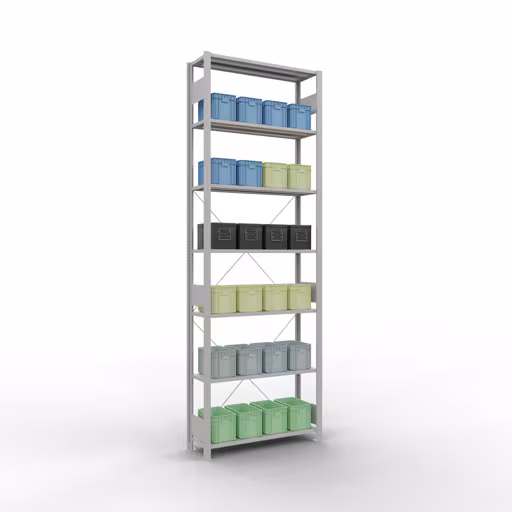 Produktbild Nr 16 des Artikels Grundregal, Fachbodenregal Stecksystem MULTIplus85, 3000 x 1000 x 300 mm (HxBxT), 7 Fachböden, Kreuzstrebe, RAL 7035 lichtgrau Abbildung Nr 16 des Artikels Grundregal, Fachbodenregal Stecksystem MULTIplus85, 3000 x 1000 x 300 mm (HxBxT), 7 Fachböden, Kreuzstrebe, RAL 7035 lichtgrau aus der Produktgruppe Stecksystem von der Marke Schulte Lagertechnik