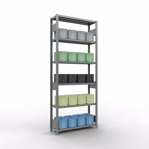 Grundregal, Fachbodenregal Stecksystem MULTIplus250, 2500 x 1000 x 300 mm (HxBxT), 6 Fachböden, Längenriegel, verzinkt aus der Kategorie Grundregal mit der GTIN 4004514282071 Grundregal, Fachbodenregal Stecksystem MULTIplus250, 2500 x 1000 x 300 mm (HxBxT), 6 Fachböden, Längenriegel, verzinkt von der Marke Schulte Lagertechnik aus der Produktreihe Stecksystem