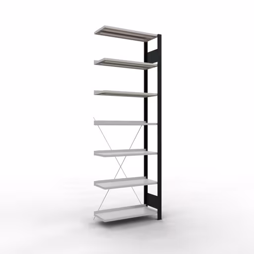 Anbauregal, Büro-Fachbodenregal Stecksystem MULTIplus85, 2300 x 750 x 300 mm (HxBxT), 7 Fachböden, Kreuzstrebe, mit Anschlagleiste, schwarz/lichtgrau aus der Kategorie Stecksystem mit der Artikelnummer 36015-S