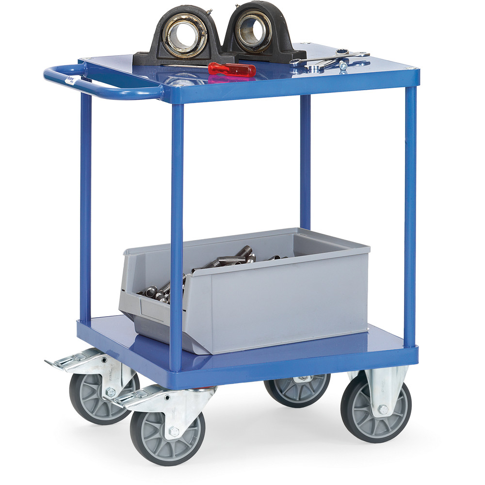 Anwendungsbild 3828686 Tischwagen 2496B - Stahlblech-Plattformen bündig pulverbeschichtet brillantblau RAL 5007 2 Plattformen aus Stahlblech, bündig im Rahmen