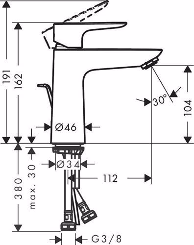 Technische Zeichnung 4073375 Hansgrohe Einhebel-Waschtischmischer 110 TALIS E Nennweite 15 CoolStart mit Garnitur G 1 1/4 Zoll chrom