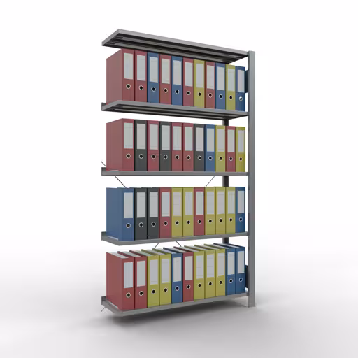 Abbildung Nr 12 des Artikels Anbauregal, Büro-Fachbodenregal Stecksystem MULTIplus85, 1800 x 1000 x 300 mm (HxBxT), 5 Fachböden, Kreuzstrebe, verzinkt, mit Anschlagleiste aus der Produktgruppe Büroregale von der Marke Schulte Lagertechnik