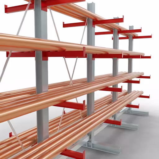 Abbildung Nr 8 des Artikels K 3000 Komplettregal, doppelseitig, 2500 x 5200 x 500 mm, RAL 7001 / RAL 3000, 5 Lagerebenen aus der Produktgruppe Kragarmregale von der Marke Schulte Lagertechnik