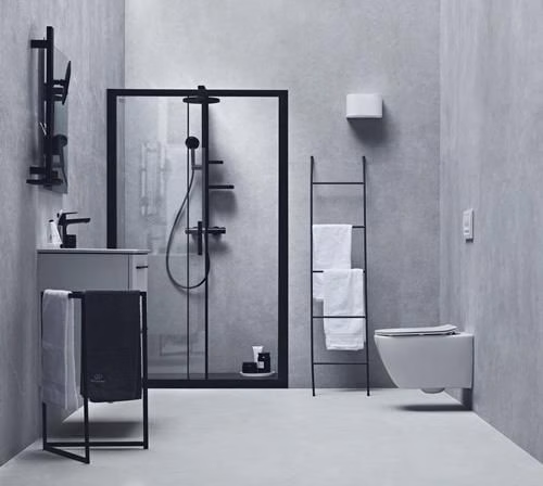 Detailbild 4010478 Ideal Standard CerathermAlu+ douchesysteem met douchethermostaat, 2 planchetten, handdouche met 2 functies en hoofddouche met 2 functies Silk Black