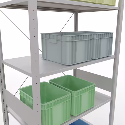 Produktbild Nr 13 des Artikels Grundregal, Fachbodenregal Stecksystem MULTIplus150, 3000 x 1000 x 600 mm (HxBxT), 7 Fachböden, Kreuzstrebe, RAL 7035 lichtgrau Abbildung Nr 13 des Artikels Grundregal, Fachbodenregal Stecksystem MULTIplus150, 3000 x 1000 x 600 mm (HxBxT), 7 Fachböden, Kreuzstrebe, RAL 7035 lichtgrau aus der Produktgruppe Stecksystem von der Marke Schulte Lagertechnik