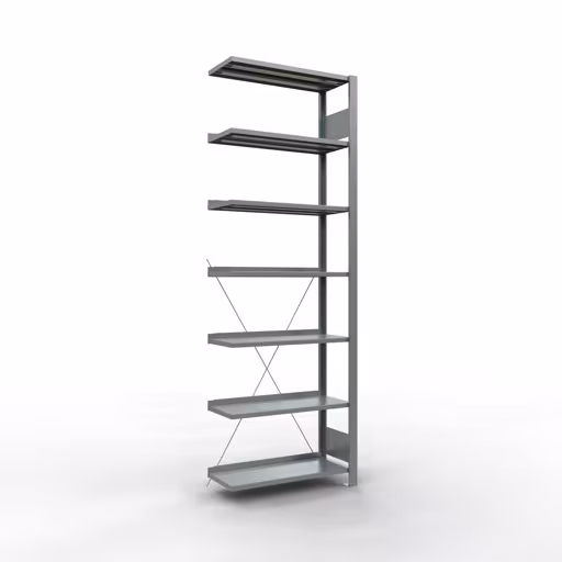 Anbauregal, Büro-Fachbodenregal Stecksystem MULTIplus85, 2300 x 750 x 300 mm (HxBxT), 7 Fachböden, Kreuzstrebe, verzinkt, mit Anschlagleiste aus der Kategorie Stecksystem mit der Artikelnummer 17715