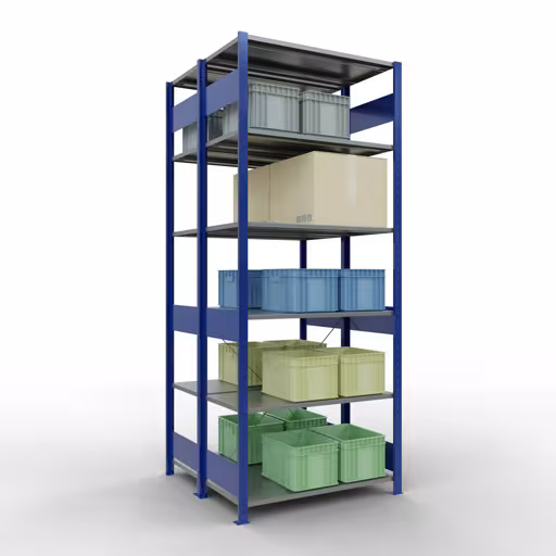 Grundregal, Doppelregal, Fachbodenregal Stecksystem MULTIplus150, 2500 x 1000 x (2x500) mm (HxBxT), 2x6 Fachböden, Kreuzstrebe, RAL 5010 enzianblau aus der Kategorie Doppelregale mit der GTIN 4004514293794 Grundregal, Doppelregal, Fachbodenregal Stecksystem MULTIplus150, 2500 x 1000 x (2x500) mm (HxBxT), 2x6 Fachböden, Kreuzstrebe, RAL 5010 enzianblau von der Marke Schulte Lagertechnik aus der Produktreihe Fachbodenregale